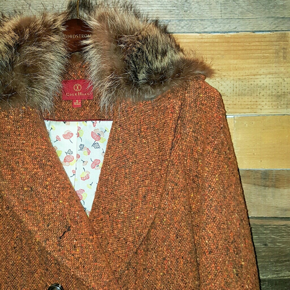 COLE HAAN LUXURY WOOL/REAL FUR COLLAR ORANGE JACKET SIZE S - Picture 2 of 7